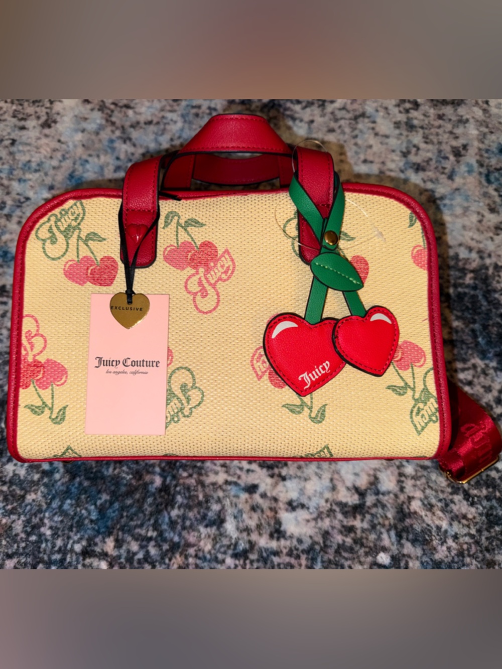 Juicy Couture Cream Cherry Print Satchel with Red Trim